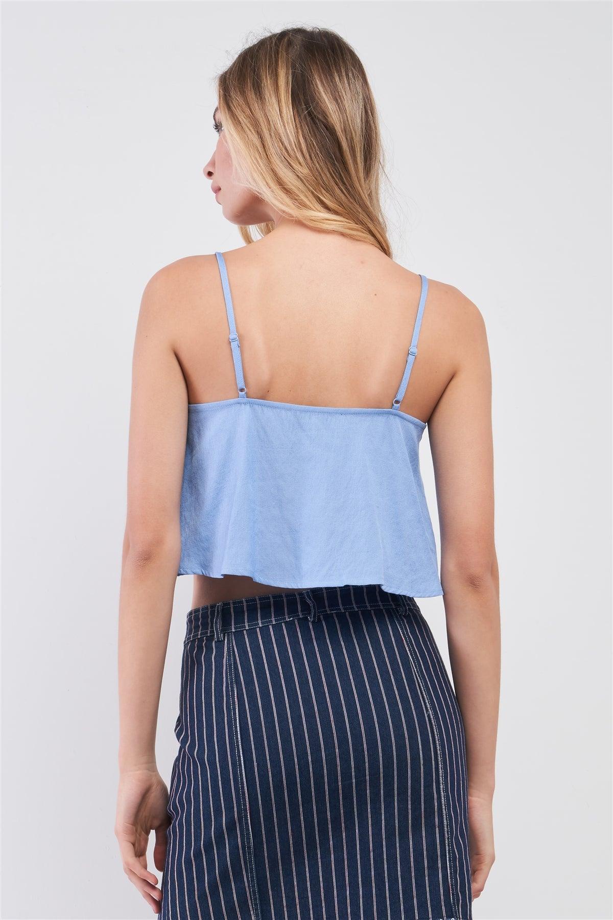 Baby Blue Sleeveless V-Neck Button-Down Front Cami Crop Top /1-2-2-1
