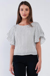 White Black Striped Ruffled Sleeve Backless Belted Blouse Top /1-2-2-1