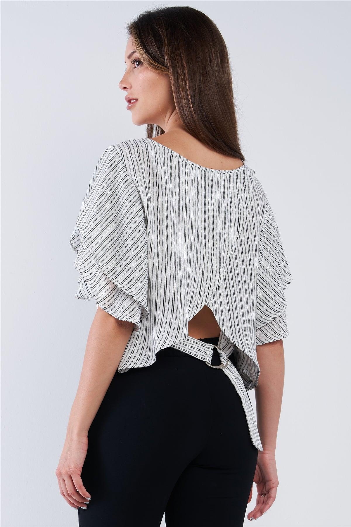 White Black Striped Ruffled Sleeve Backless Belted Blouse Top /1-2-2-1