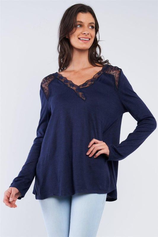 Navy Blue Loose Fit Long Sleeve Lace Hem V-Neckline Back String Self-Tie Detail Top /1-2-2-1