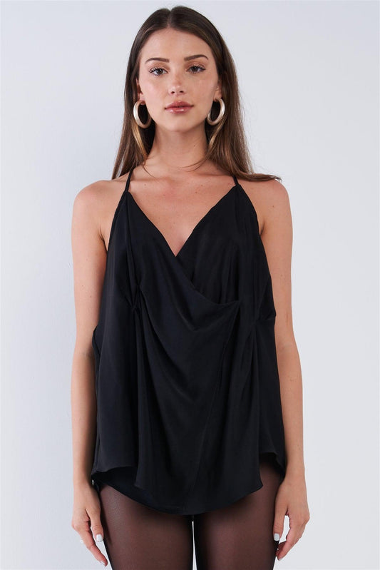 Black Satin Loose Fit Sleeveless Deep Plunge Double Wrap V-Neck Top /3-2-2