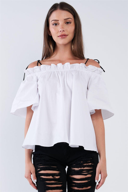 White Cotton Relaxed Fit Stretchy Ruffle Hem Off-The-Shoulder Top With Black Self Tie Strings /1-2-2-1