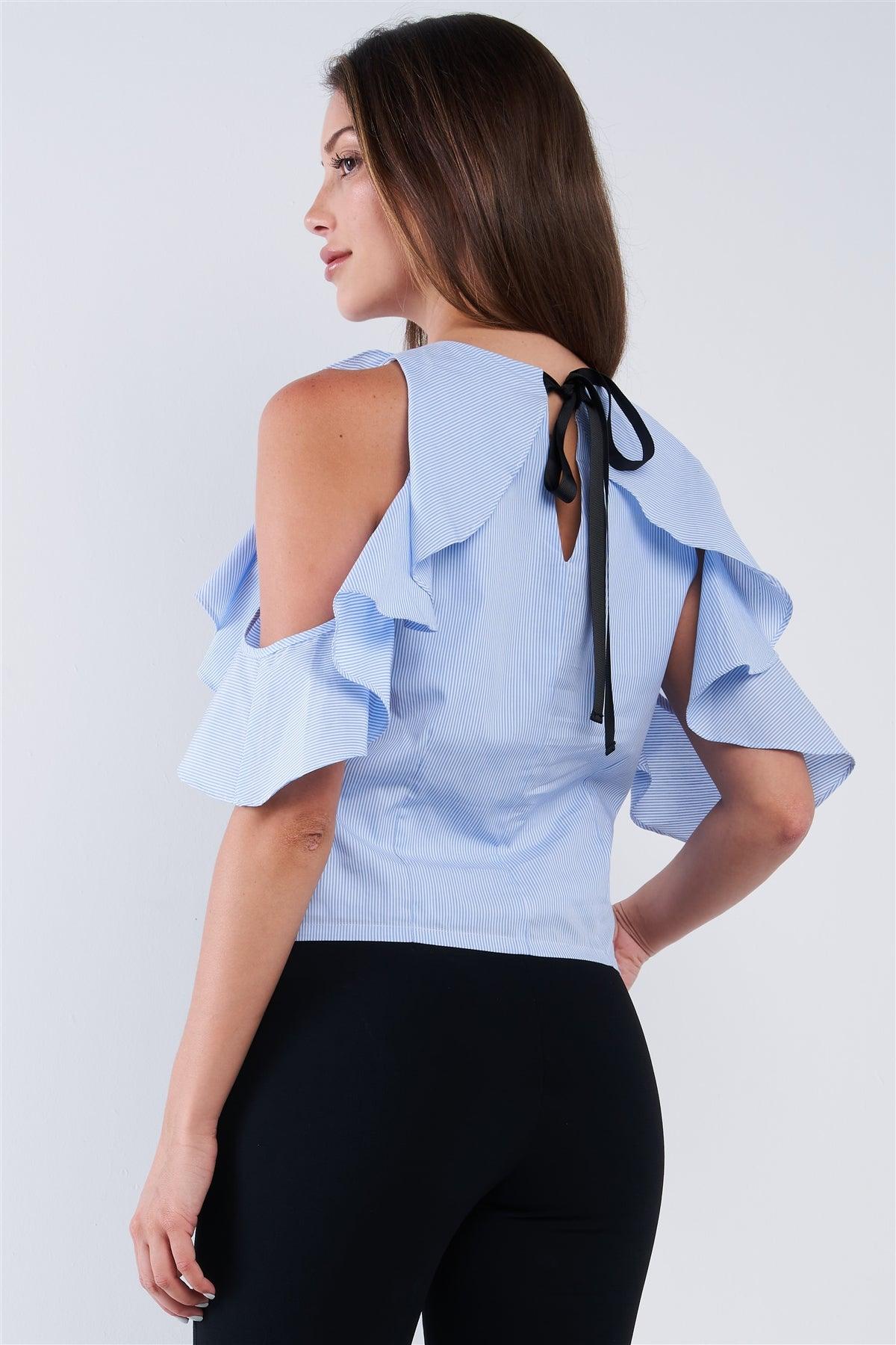 Light Blue And White Stripe Pattern Relaxed Fit Round Neck Ruffle Off-The-Shoulder Mini Sleeve Tube Top With Black Ribbon Back Tie Up /1-2-2-1