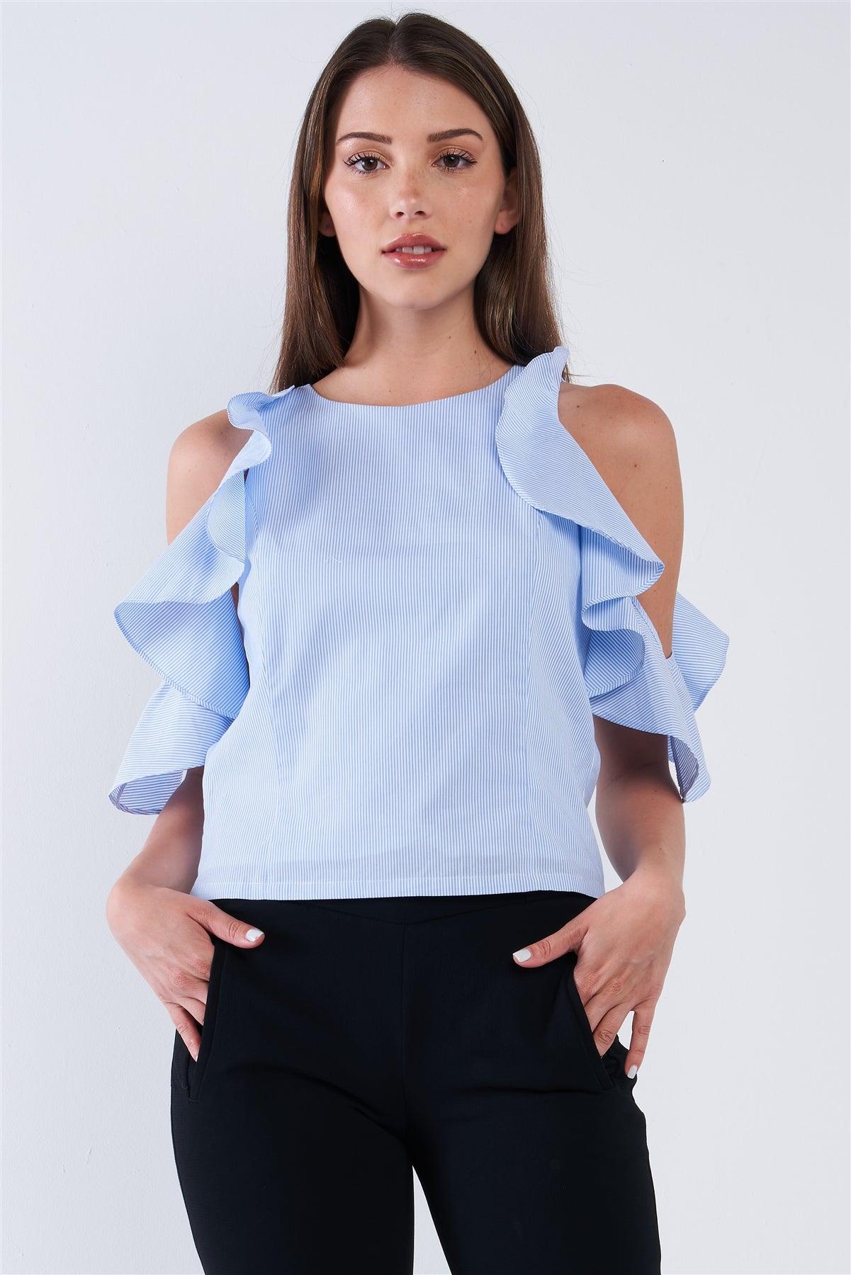 Light Blue And White Stripe Pattern Relaxed Fit Round Neck Ruffle Off-The-Shoulder Mini Sleeve Tube Top With Black Ribbon Back Tie Up /1-2-2-1