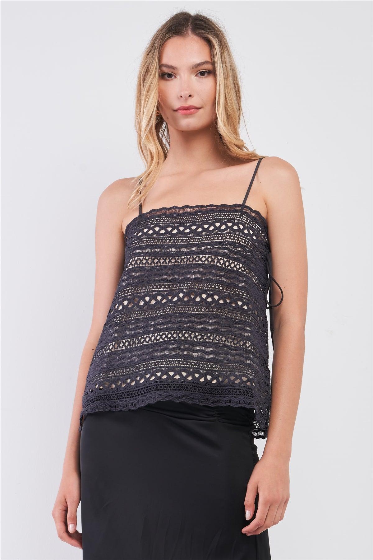 Dark Grey & Nude Sleeveless Crochet Square Neck Self-Tie Side Detail Top /1-2-2-1