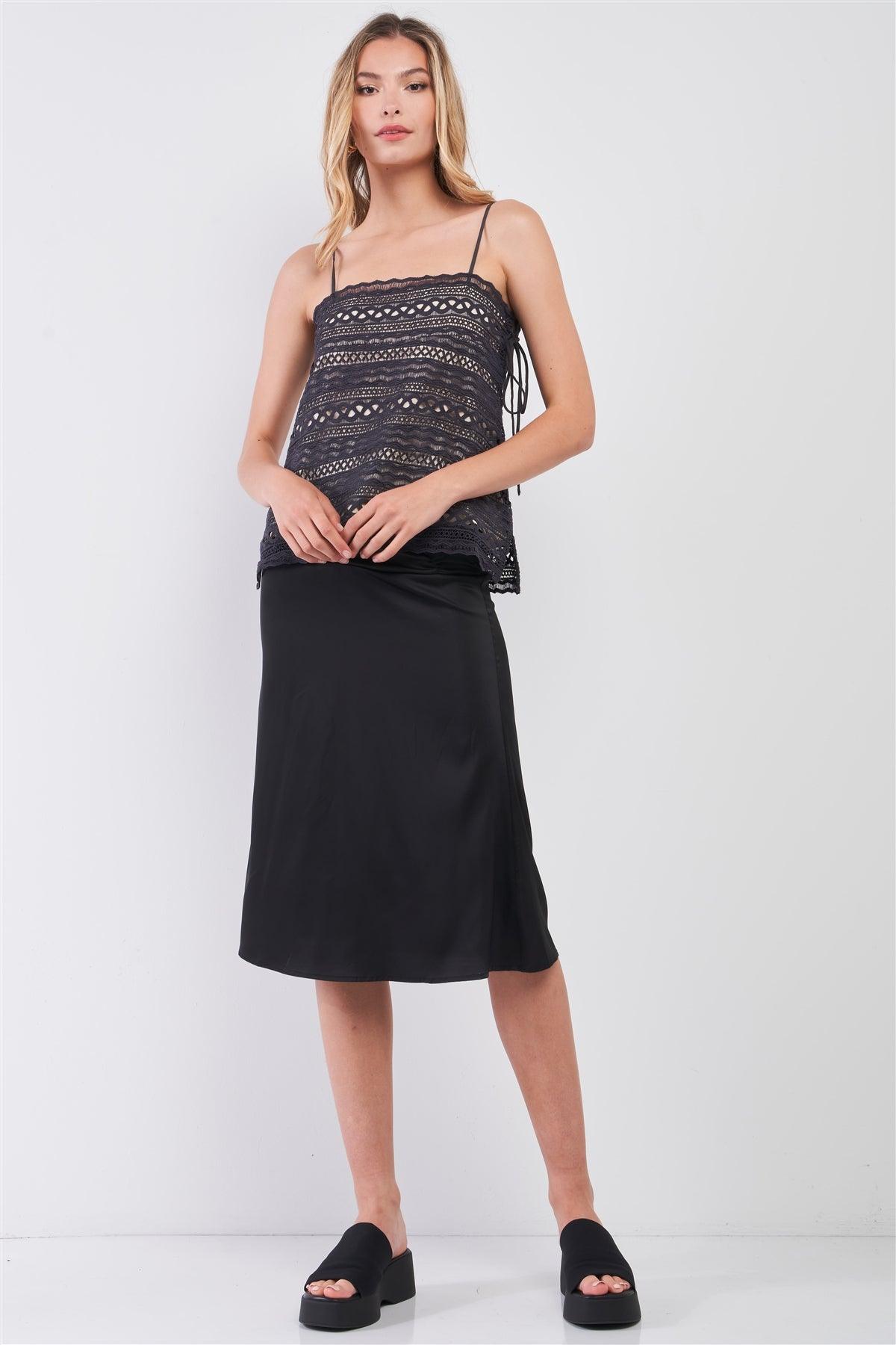 Dark Grey & Nude Sleeveless Crochet Square Neck Self-Tie Side Detail Top /1-2-2-1