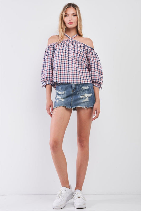 Blue & Red Shephard's Check Print Halter-Tie Neck Cold Shoulder Balloon Sleeve Relaxed Top /1-2-2