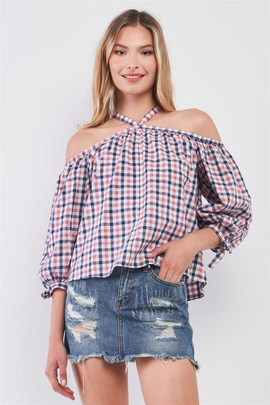 Blue & Red Shephard's Check Print Halter-Tie Neck Cold Shoulder Balloon Sleeve Relaxed Top /1-2-2-1