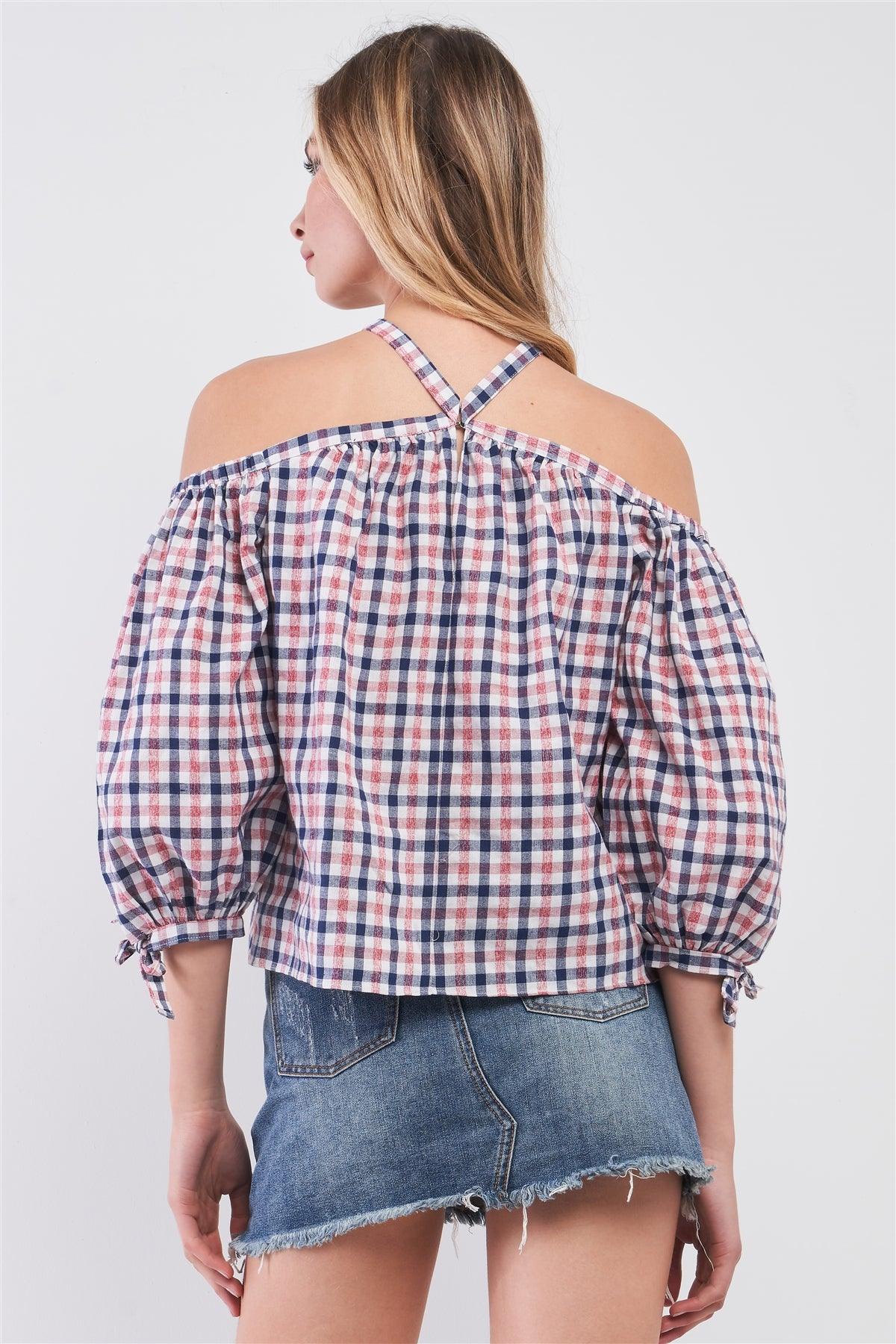 Blue & Red Shephard's Check Print Halter-Tie Neck Cold Shoulder Balloon Sleeve Relaxed Top /1-2-2-1