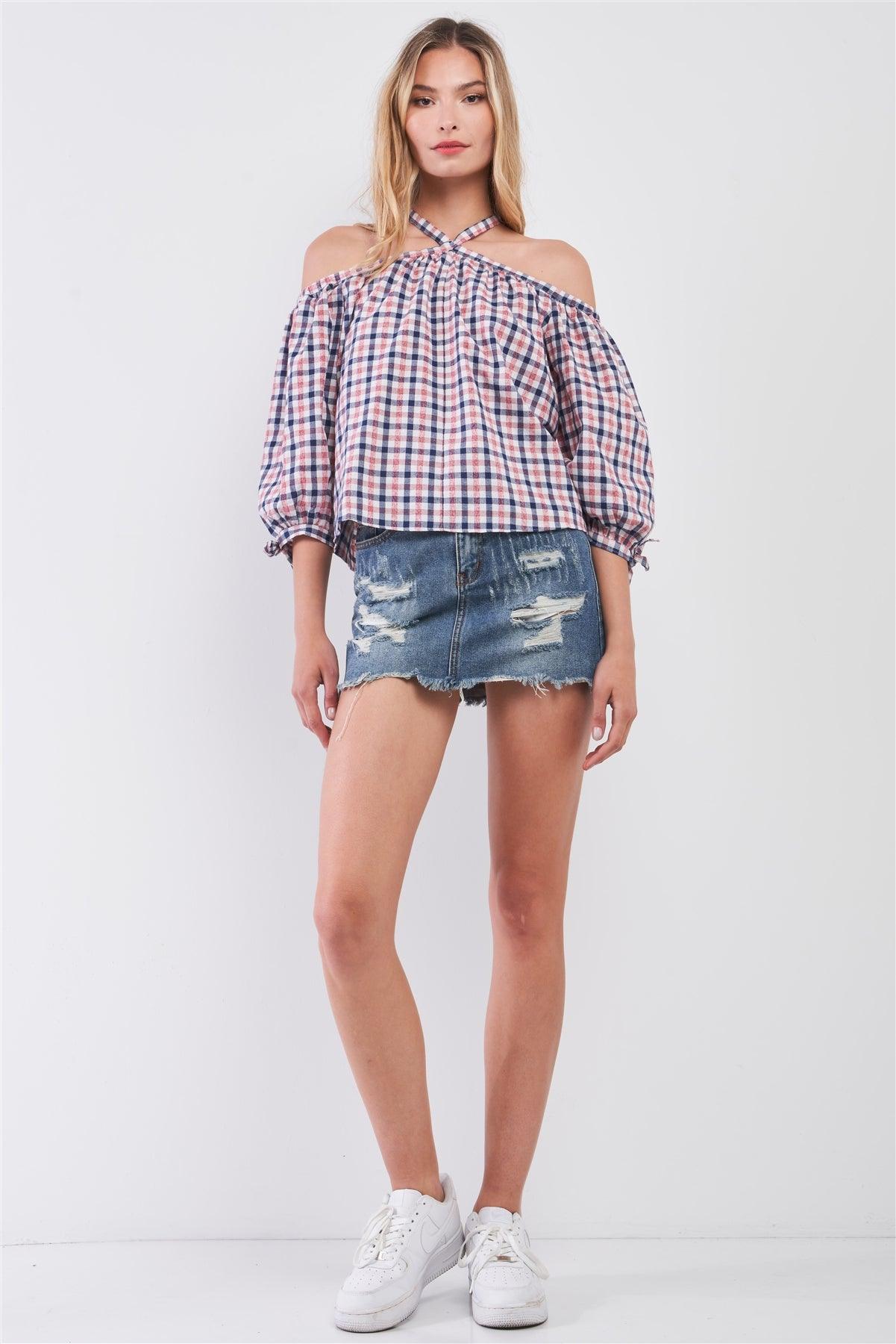 Blue & Red Shephard's Check Print Halter-Tie Neck Cold Shoulder Balloon Sleeve Relaxed Top /1-2-2-1