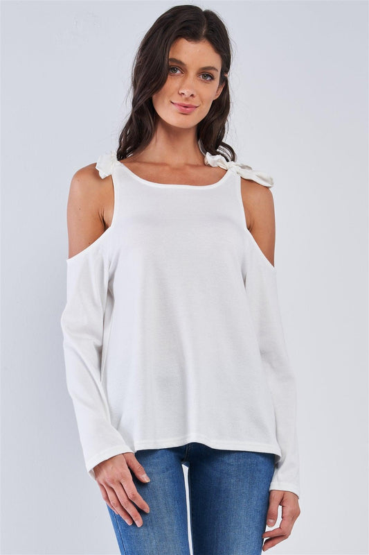 White Off-The-Shoulder Long Sleeve Open Back Ribbon Self Ties Top /1-2-2-1