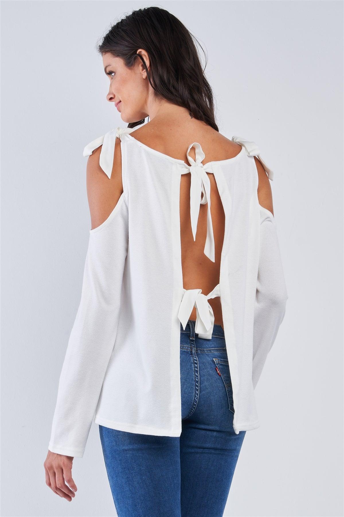 White Off-The-Shoulder Long Sleeve Open Back Ribbon Self Ties Top /1-2-2-1