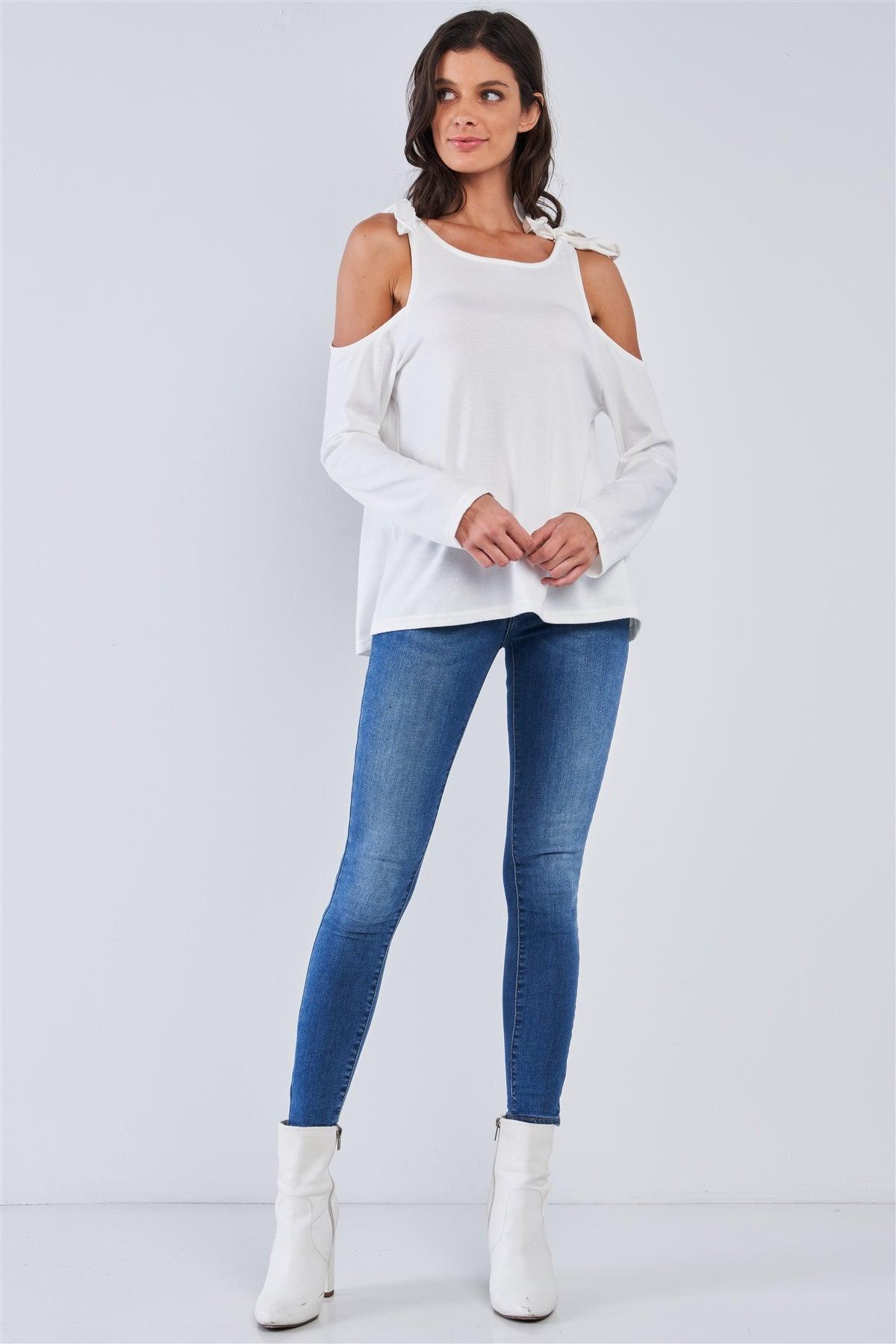 White Off-The-Shoulder Long Sleeve Open Back Ribbon Self Ties Top /1-2-2-1