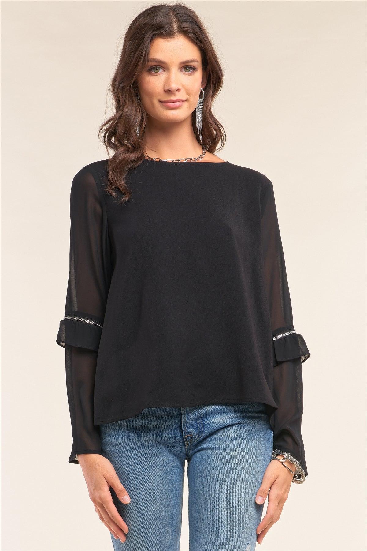 Black Crew Neck Loose Fit Long Sleeve Zipper Ruffle Trim Detail Blouse /1-2-2-1