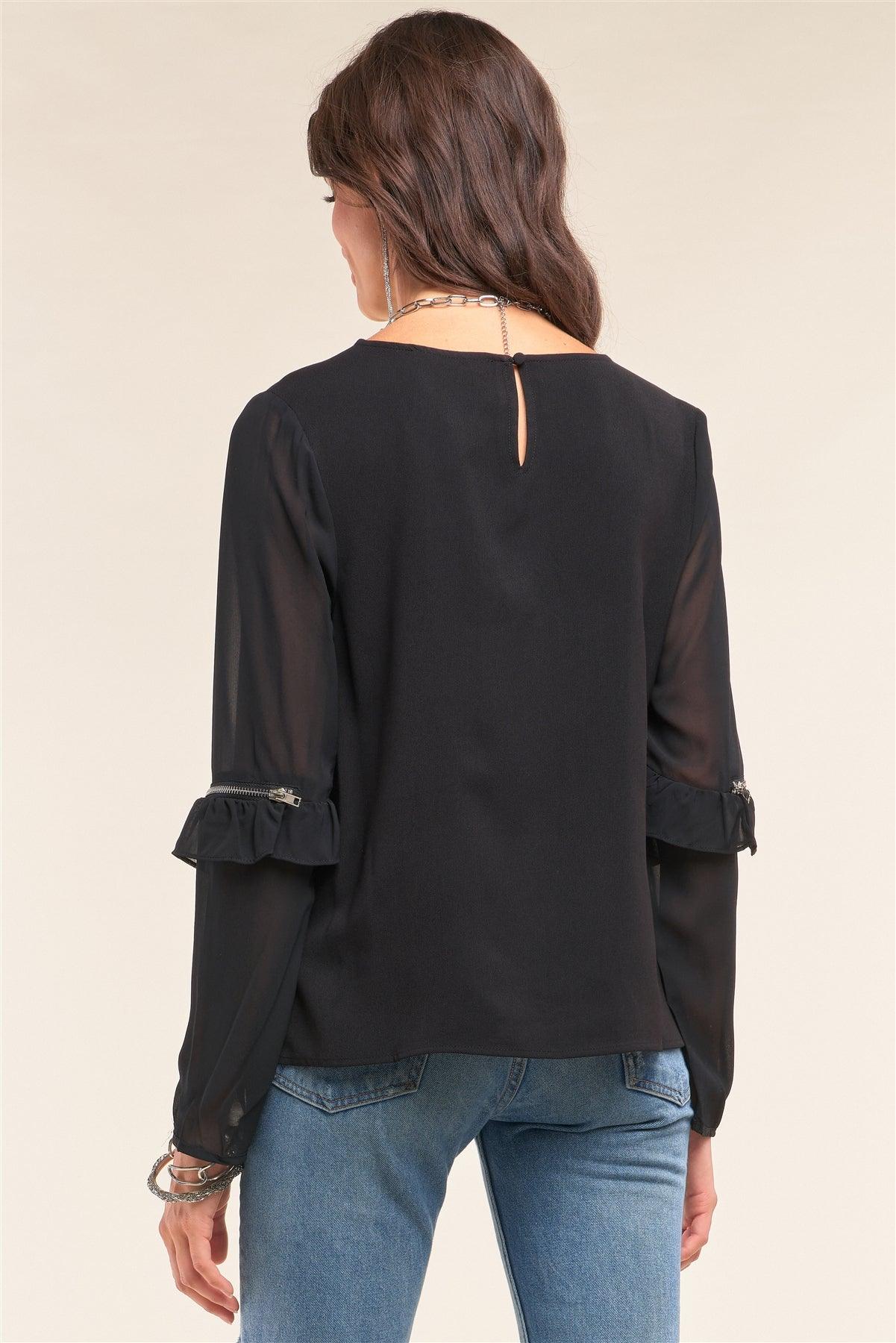 Black Crew Neck Loose Fit Long Sleeve Zipper Ruffle Trim Detail Blouse /1-2-2-1