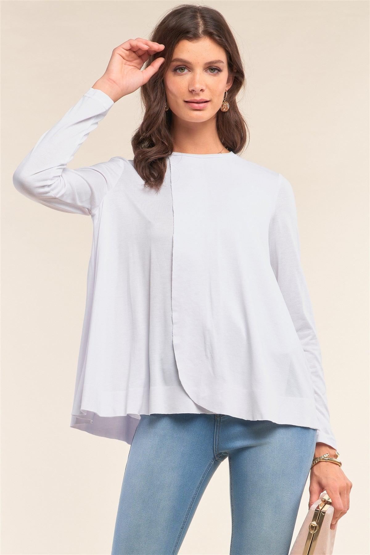 White Loose Fit Long Sleeve Crew Neck Wrap Front Raw Hem Detail Top /1-2-1