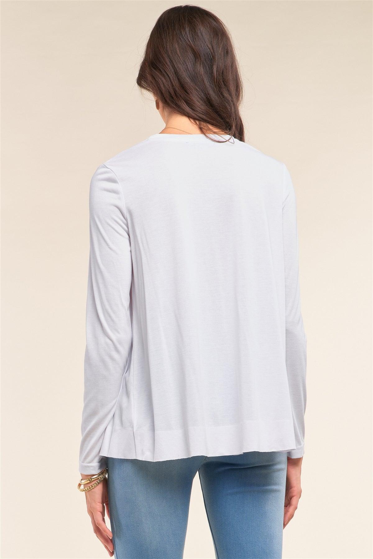 White Loose Fit Long Sleeve Crew Neck Wrap Front Raw Hem Detail Top /1-2-1