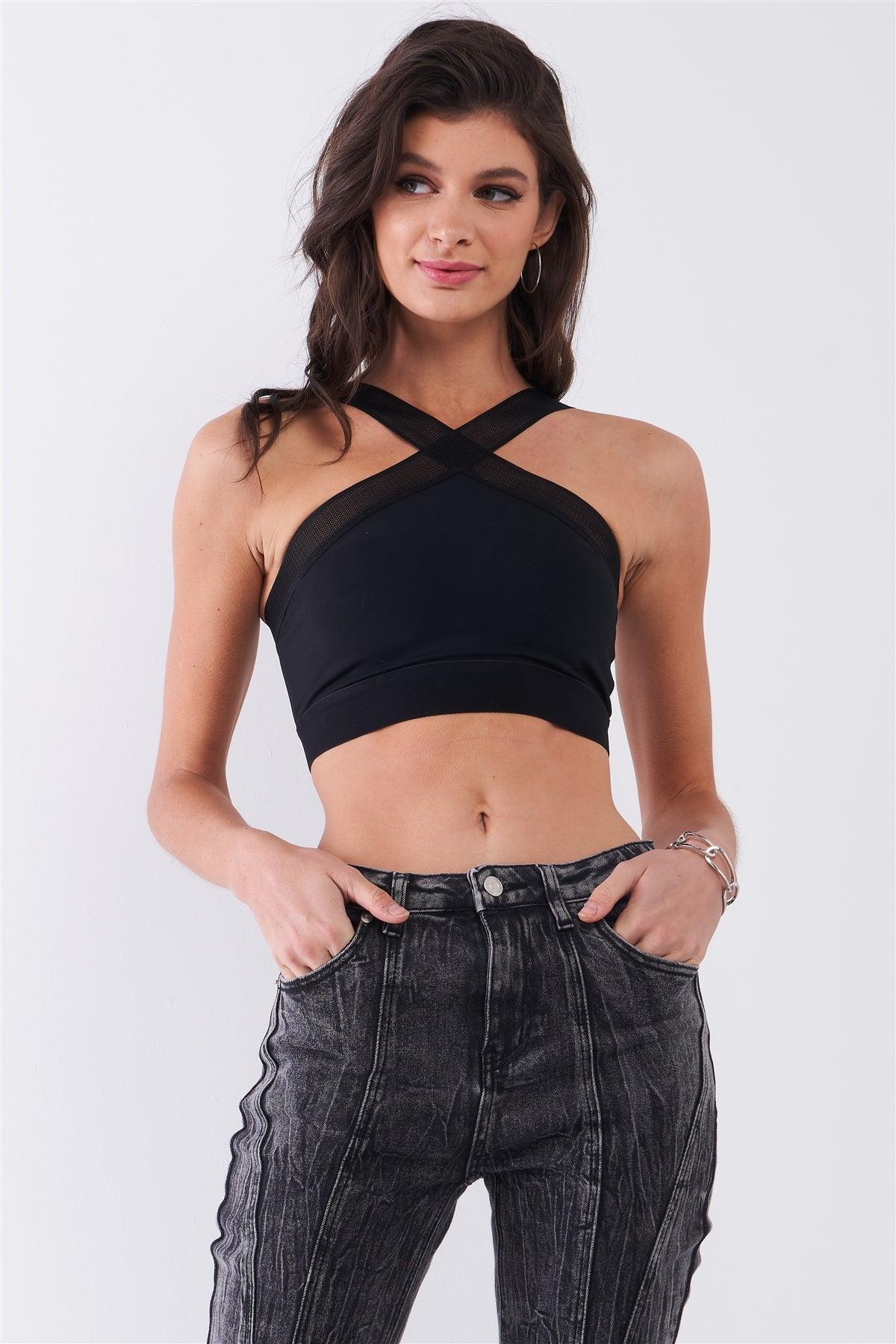 Black Sleeveless Sheer Net Halter Neck Stretchy Band Detail Crop Top /1-2-2-1