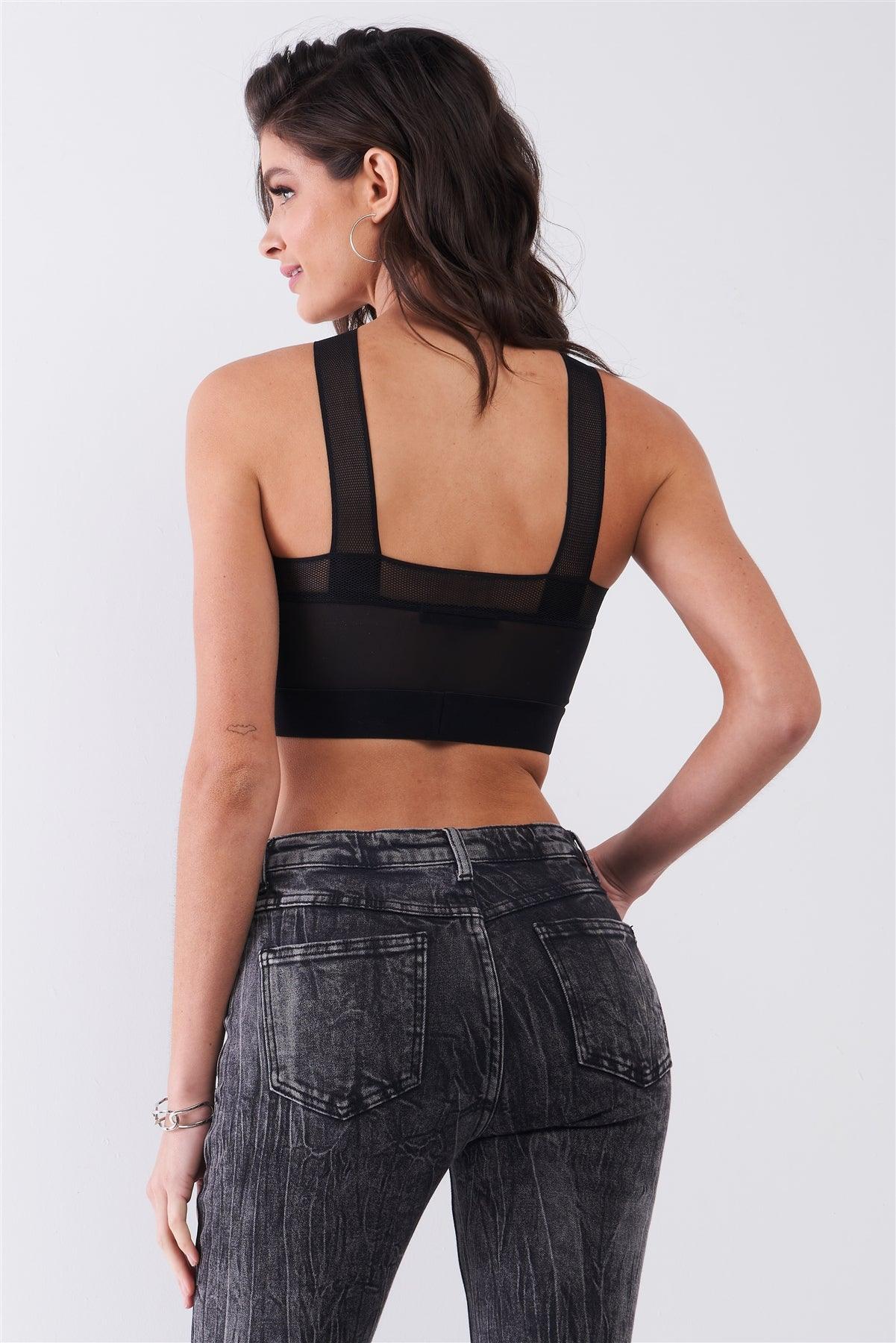 Black Sleeveless Sheer Net Halter Neck Stretchy Band Detail Crop Top /1-2-2-1