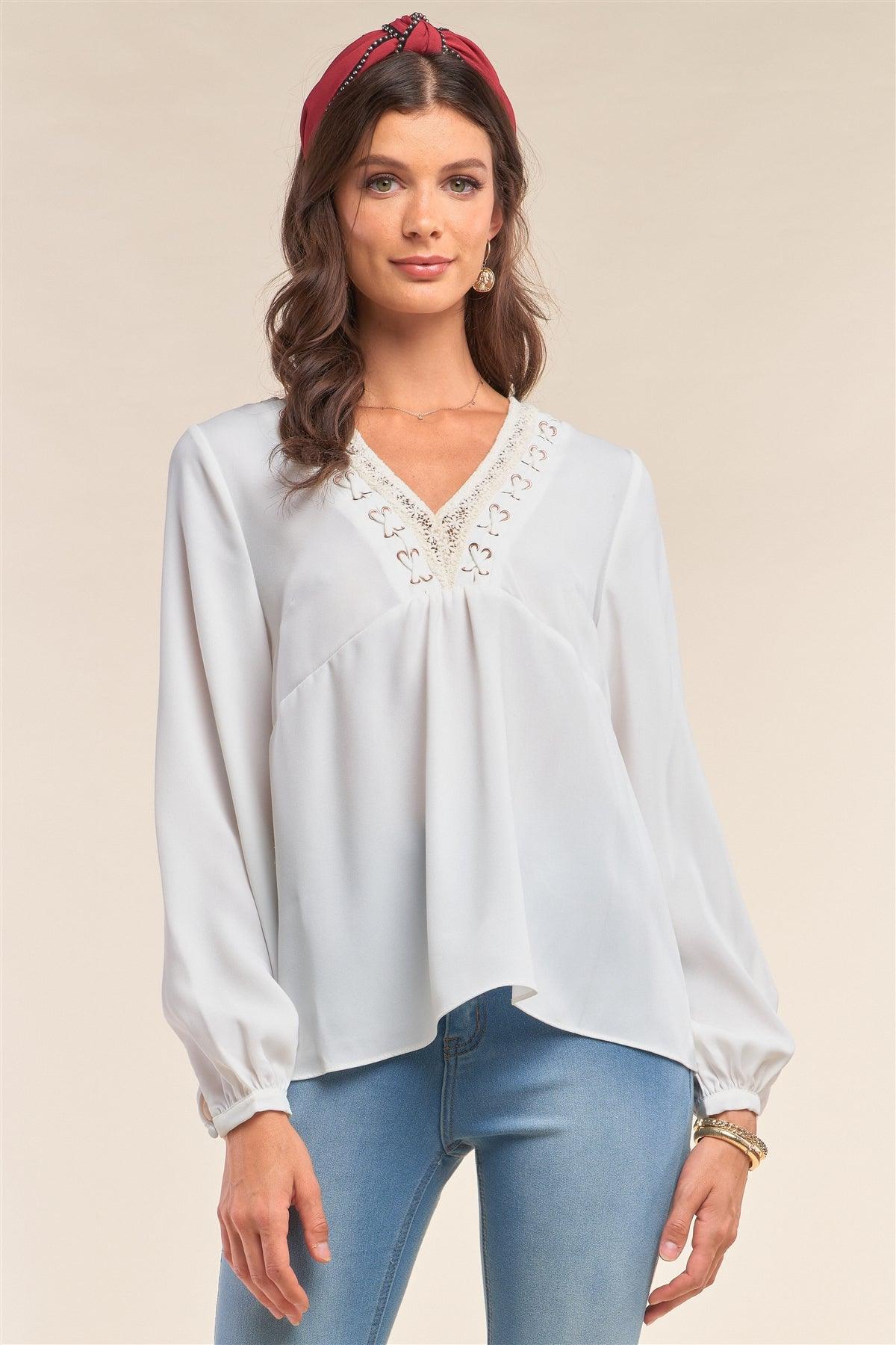 White Long Sleeve Relaxed Fit Criss-Cross Lace Up Crochet V-Neck Detail Blouse /1-2-2-1