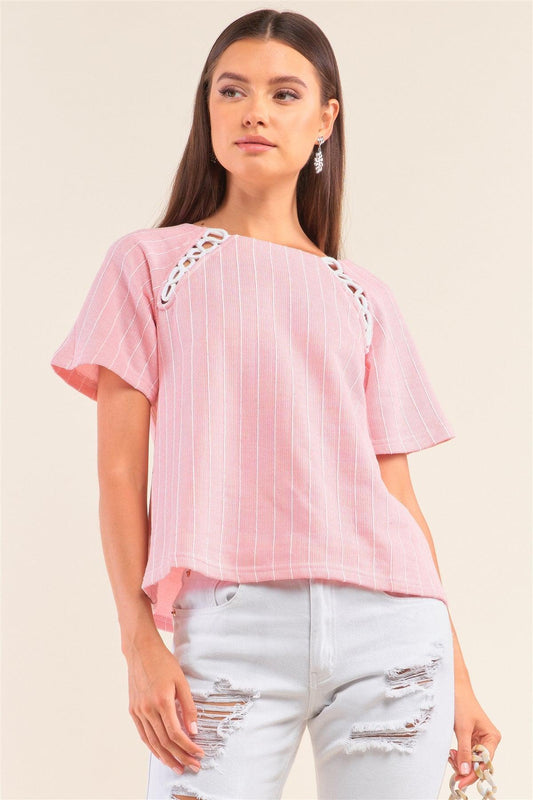 Pink&White Striped Bootlace Loop Chest Detail Self-Tie Back Relaxed Fit Shirt /1-2-3-1