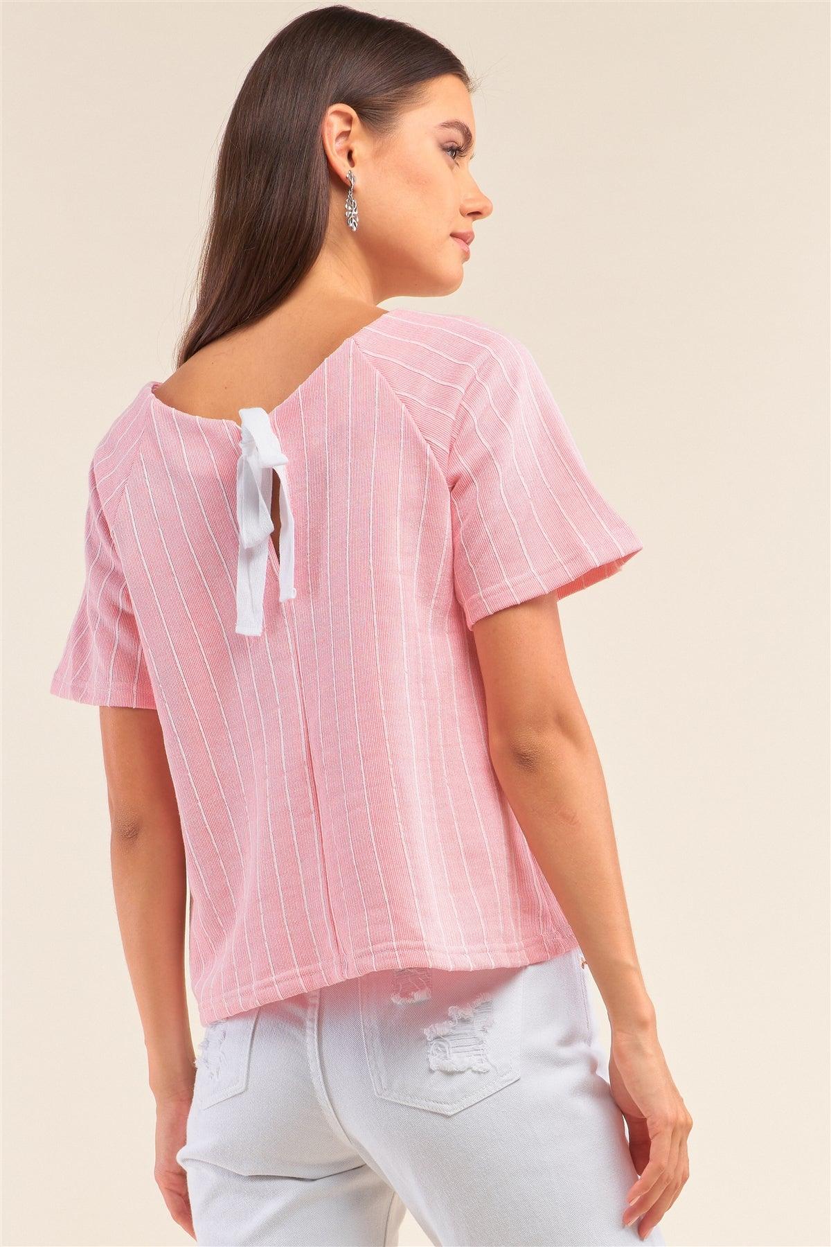 Pink&White Striped Bootlace Loop Chest Detail Self-Tie Back Relaxed Fit Shirt /1-2-3-1