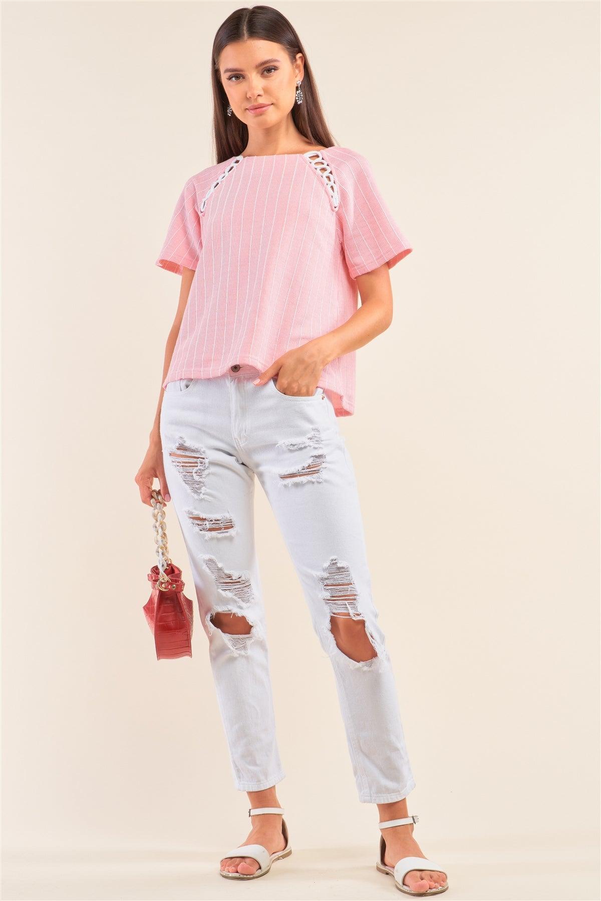 Pink&White Striped Bootlace Loop Chest Detail Self-Tie Back Relaxed Fit Shirt /1-2-3-1