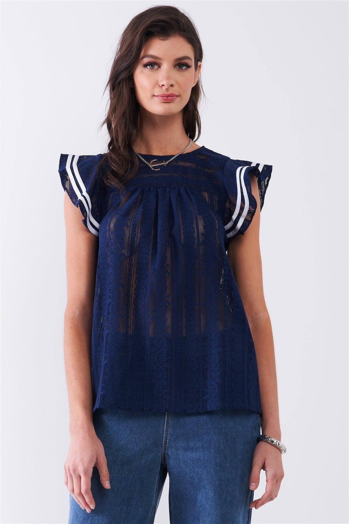 Navy Sheer Lace Mesh Round Neck Striped Frill Shoulder Detail Relaxed Top /1-2-2-1