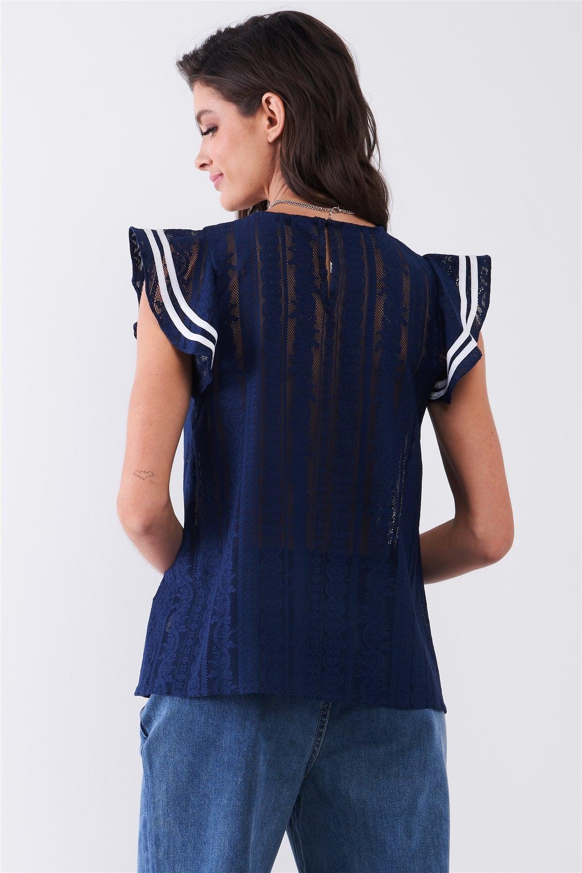 Navy Sheer Lace Mesh Round Neck Striped Frill Shoulder Detail Relaxed Top /1-2-2-1