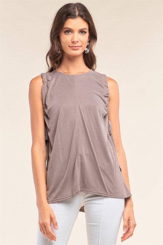 Stone Gray Sleeveless Drawstring Detail Crew Neck Relaxed Fit Tunic Top /2-2-1