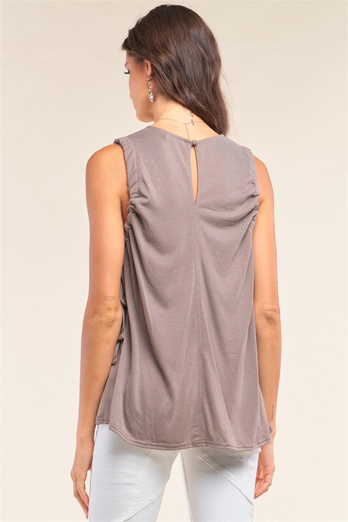 Stone Gray Sleeveless Drawstring Detail Crew Neck Relaxed Fit Tunic Top /2-2-1