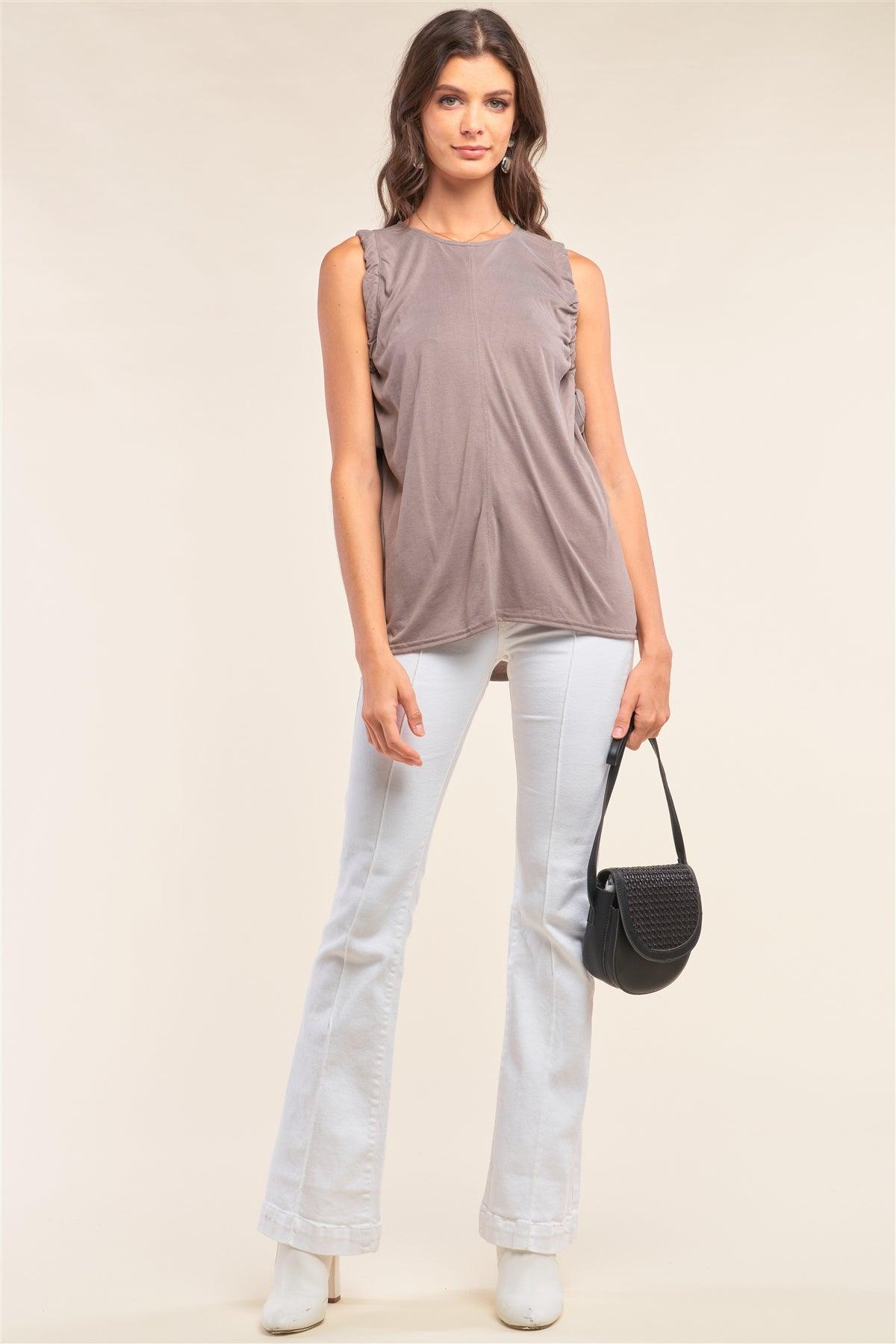 Stone Gray Sleeveless Drawstring Detail Crew Neck Relaxed Fit Tunic Top /2-2-1