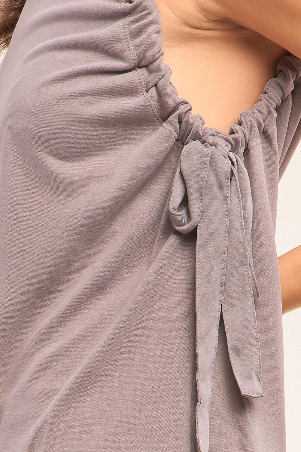 Stone Gray Sleeveless Drawstring Detail Crew Neck Relaxed Fit Tunic Top /2-2-1