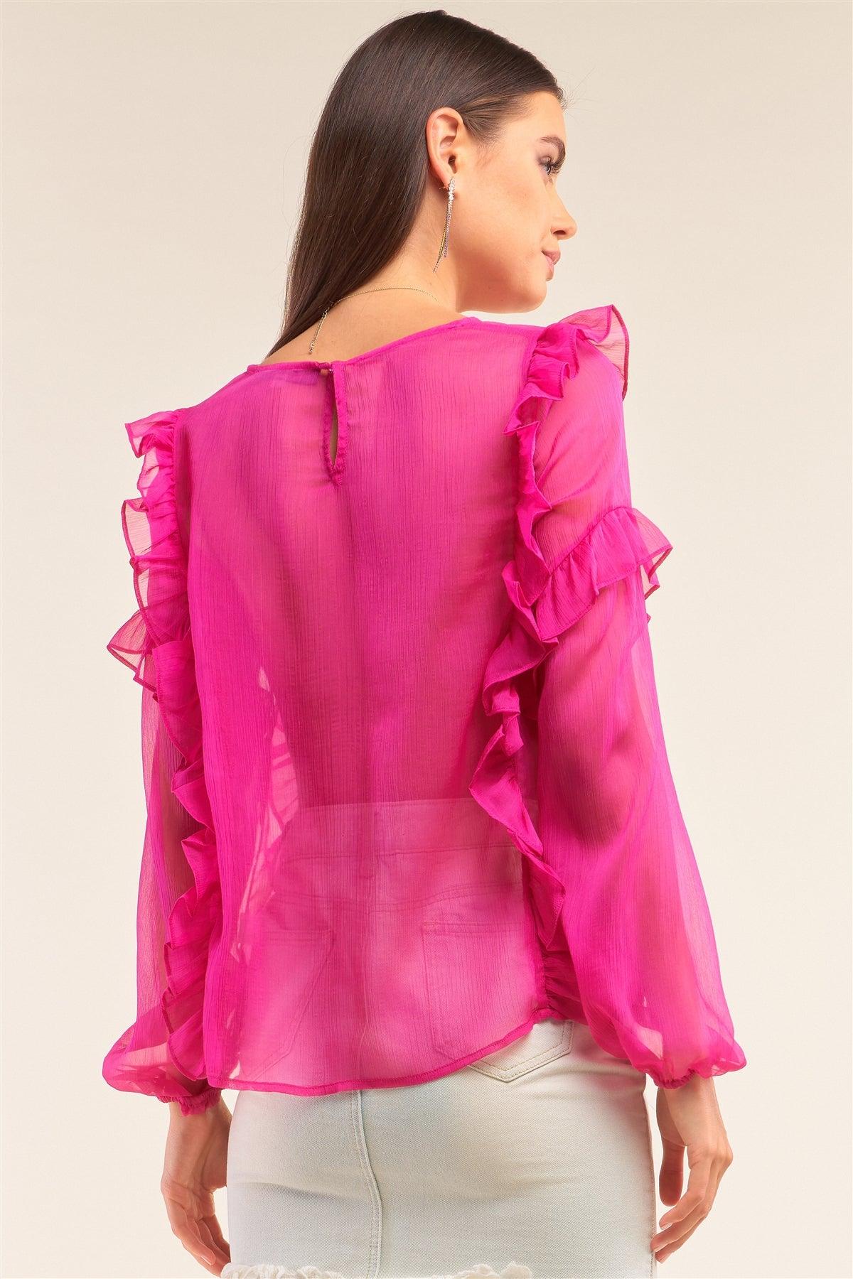 Fuchsia Tulle Mesh Round Neck Ruffle Detail Long Balloon Sleeve Blouse /1-2-2-1