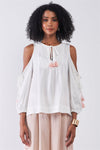 White Boho Cold Shoulder Balloon Sleeve Tassel Tie Neck Detail Relaxed Country Blouse Top /1-2-2-1