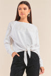 White Eyelet Embroidery Long Sleeve Front Self-Tie Hem Detail Sweater /1-2-2-1