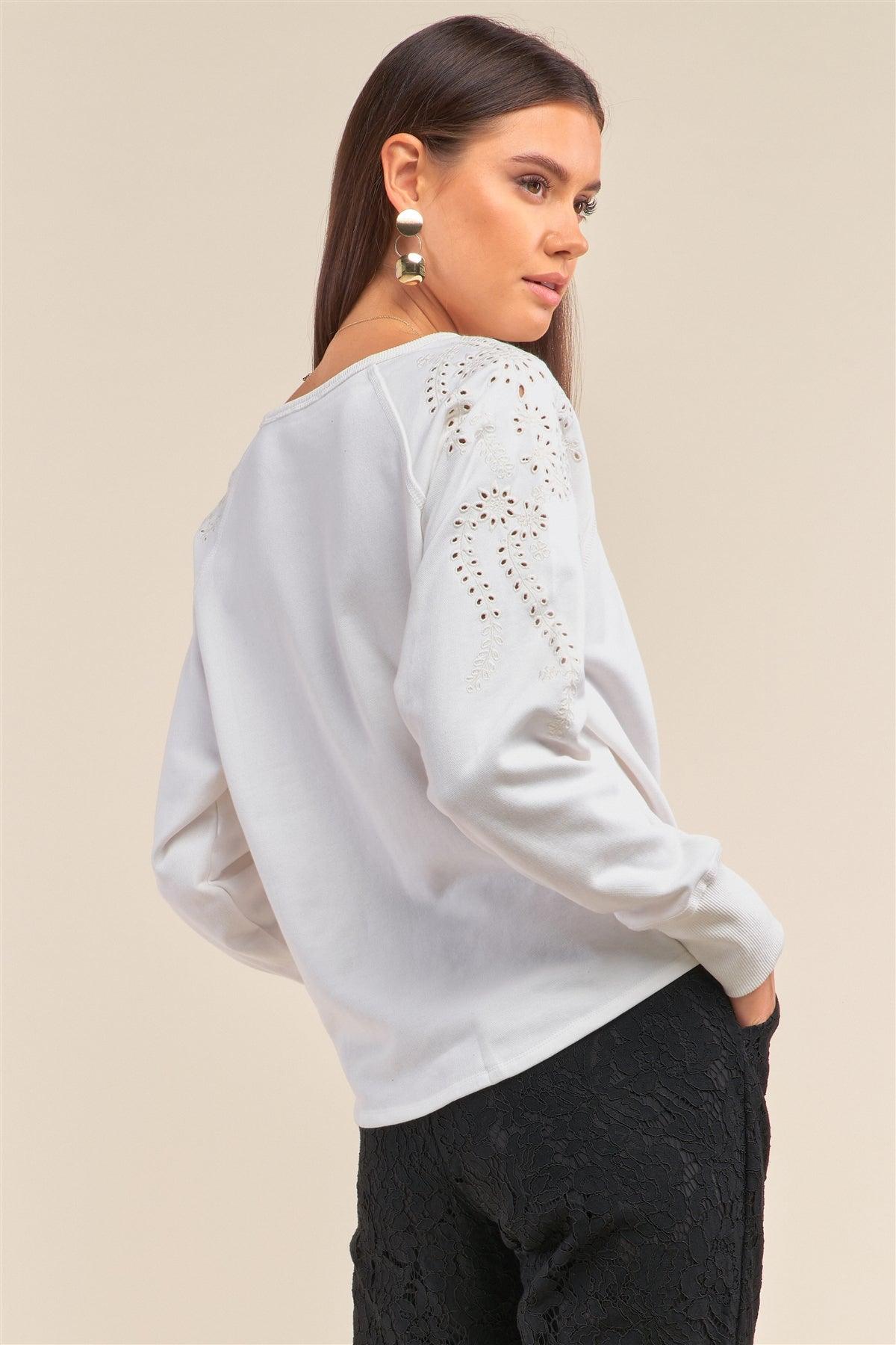 White Eyelet Embroidery Long Sleeve Front Self-Tie Hem Detail Sweater /1-2-2-1