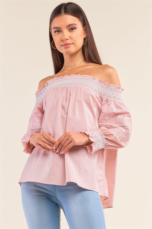 Boho Pink Off-The-Shoulder Slavic Inspired Crochet Embroidery Detail Long Balloon Sleeve Frill Hem Loose Fit Blouse /1-2-2-1