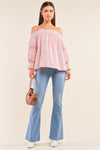 Boho Pink Off-The-Shoulder Slavic Inspired Crochet Embroidery Detail Long Balloon Sleeve Frill Hem Loose Fit Blouse /2-2-2