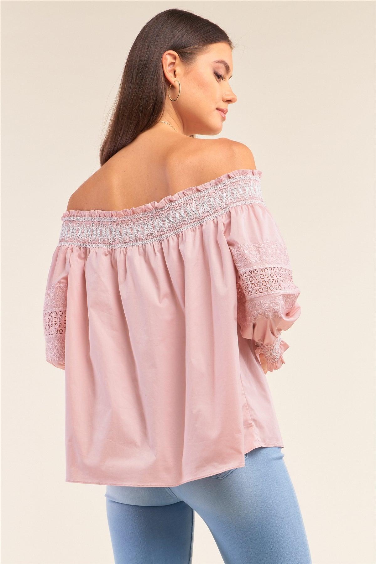 Boho Pink Off-The-Shoulder Slavic Inspired Crochet Embroidery Detail Long Balloon Sleeve Frill Hem Loose Fit Blouse /2-2-2