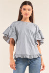 Grey Relaxed Fit Crew Neck Posh Flare Sleeve Back Lace Tie-Up Detail Ruffle Hem Top /1-2-2-1