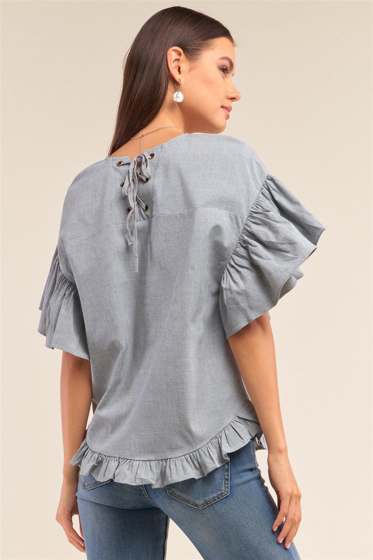 Grey Relaxed Fit Crew Neck Posh Flare Sleeve Back Lace Tie-Up Detail Ruffle Hem Top /1-2-2-1