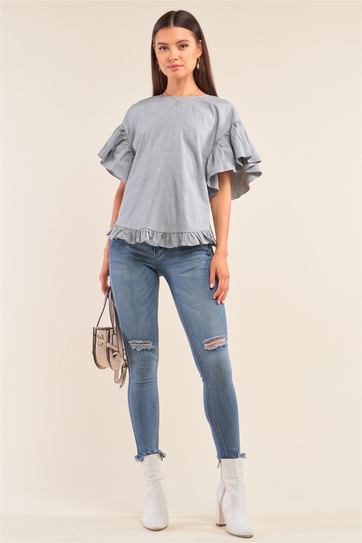 Grey Relaxed Fit Crew Neck Posh Flare Sleeve Back Lace Tie-Up Detail Ruffle Hem Top /1-2-2-1