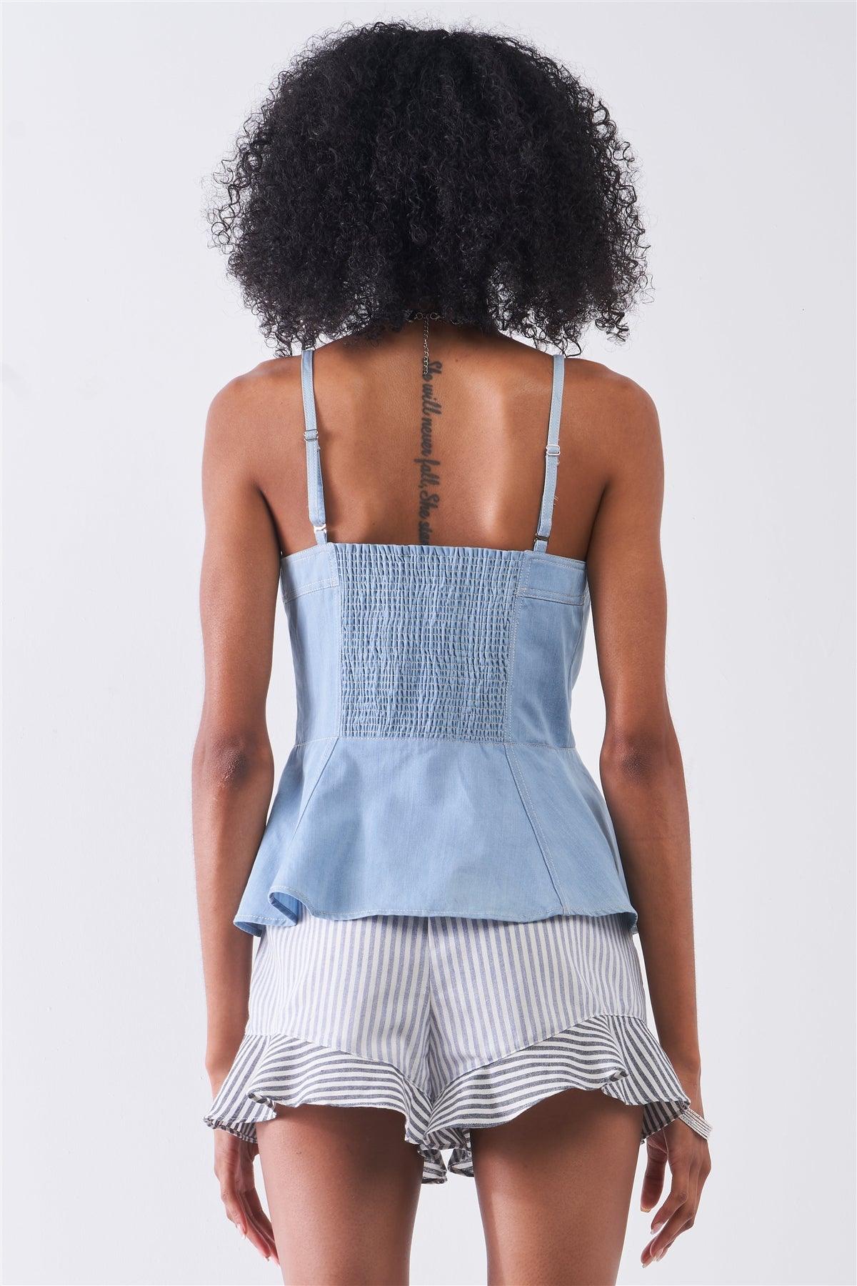 Light Blue Denim Sleeveless Square Neck Button-Down Front Smock Back Detail Fit & Flare Top /2-2-2