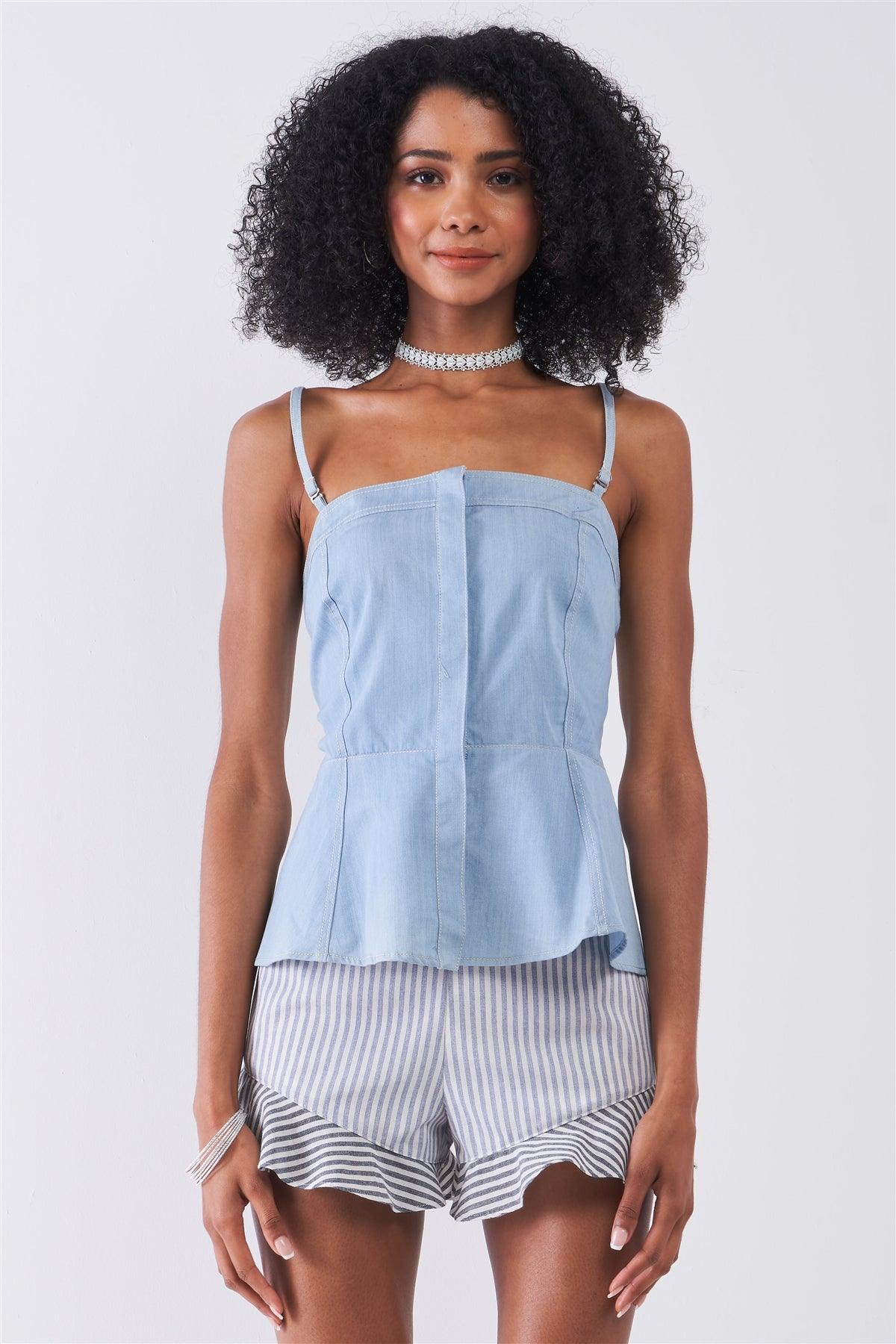 Light Blue Denim Sleeveless Square Neck Button-Down Front Smock Back Detail Fit & Flare Top /2-2-2