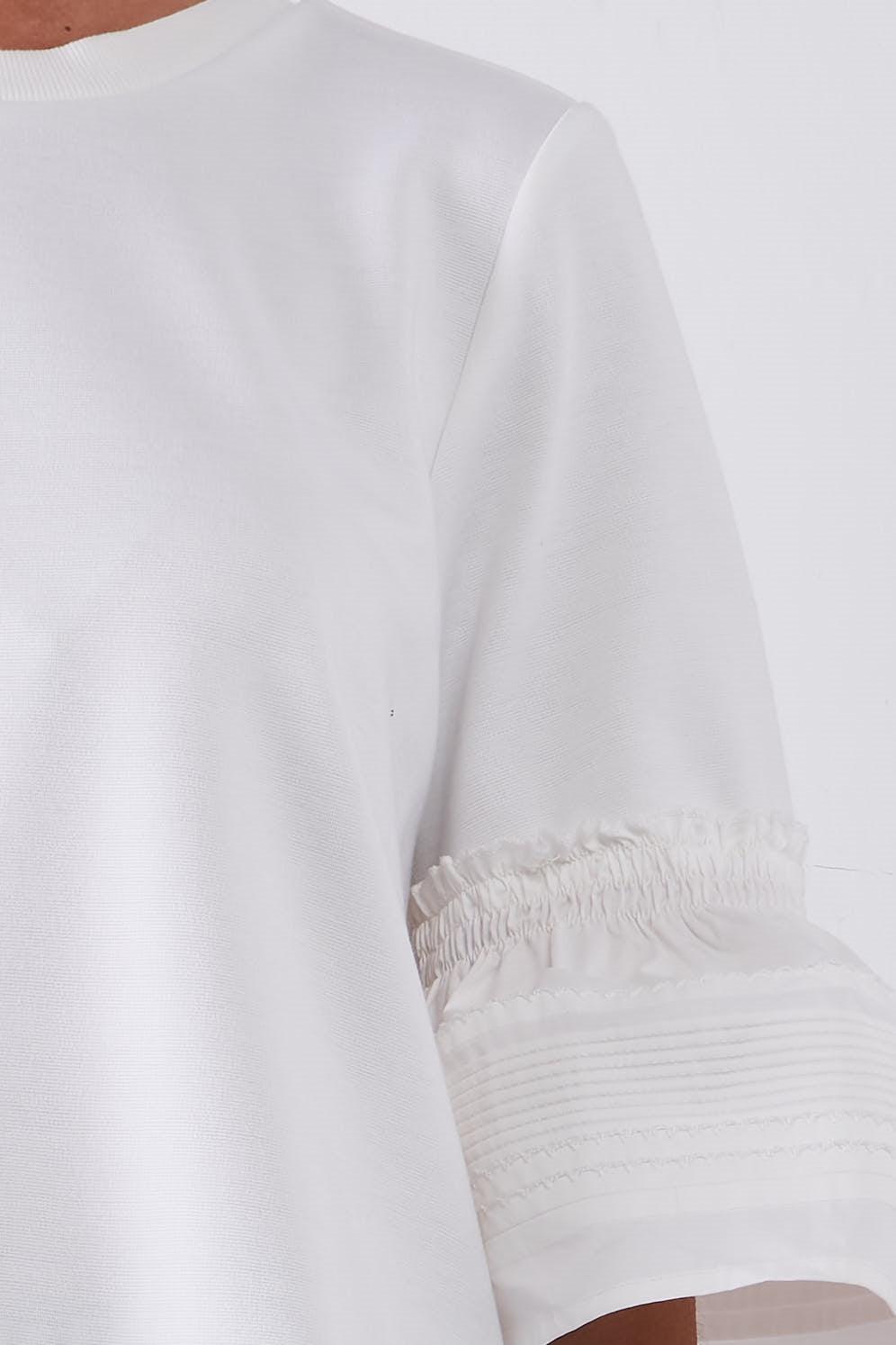 White Solid Pleated Detail Bell Midi Sleeve Relaxed Top /1-2-1