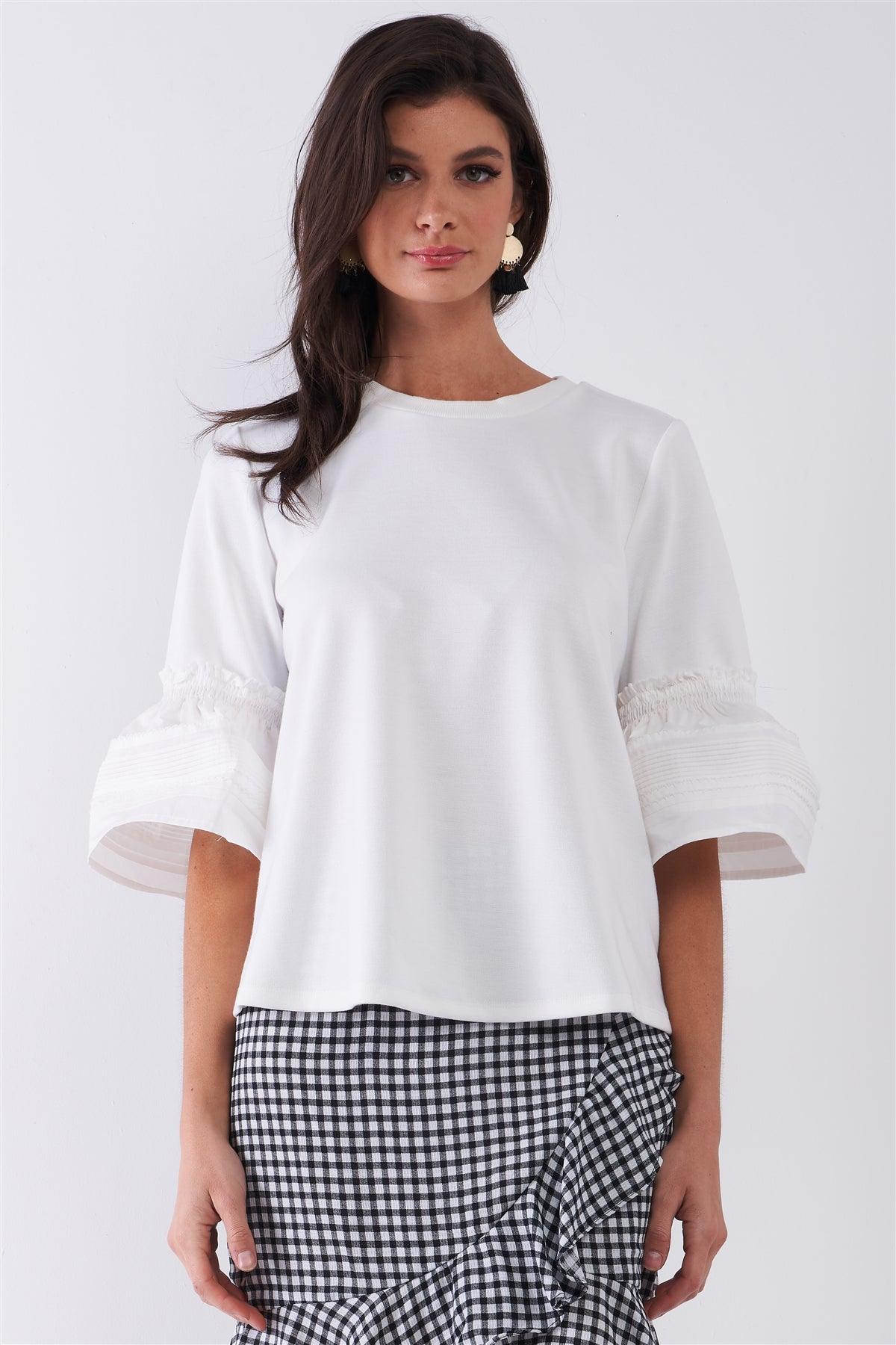 White Solid Pleated Detail Bell Midi Sleeve Relaxed Top /1-2-1