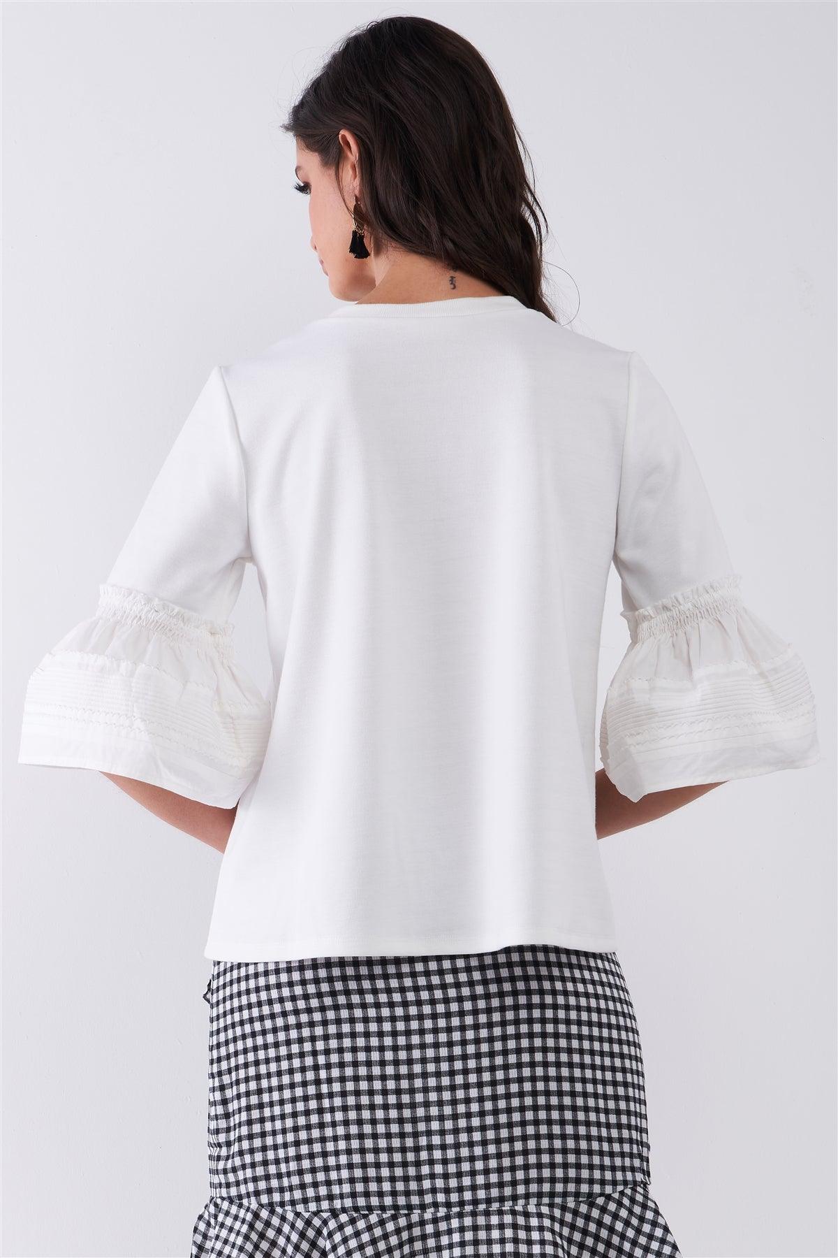 White Solid Pleated Detail Bell Midi Sleeve Relaxed Top /1-2-1