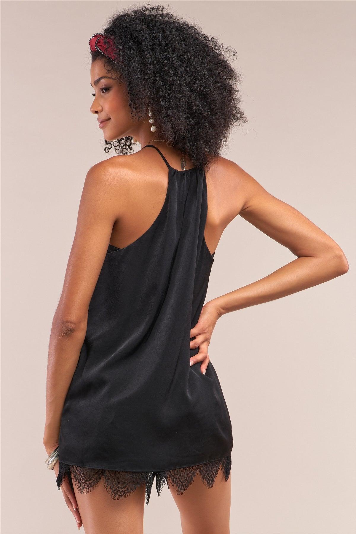 Black Satin Sleeveless Halter Tank Top /1-2-2-1