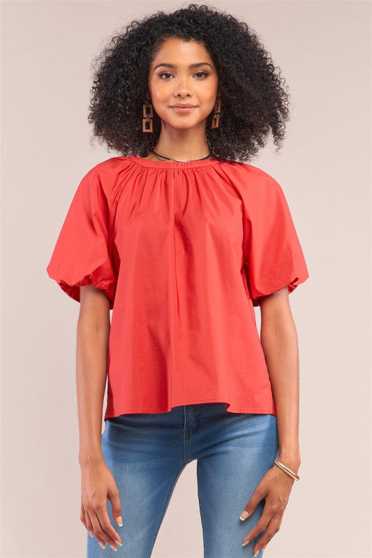 Apple Red Solid Loose Fit Crew Neck Puff Sleeve Detail Top /1-1-2-1